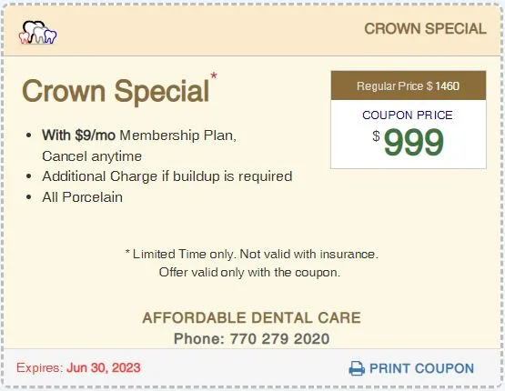 Affordable Dental Access, Crown Special Coupon, Lilburn, GA 30047